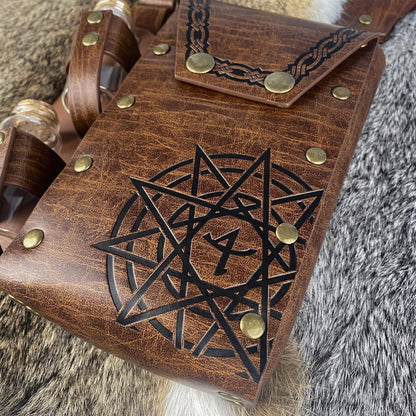 HiiFeuer Medieval Alchemy Faux Leather Belt Bag with 2 Cork Potion Vials, Fantasy Wizard Waist Pouch Side Pack for Ren Faire (Light Brown B)