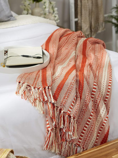 DII Braided Striped Decorative Throw Blanket, 50x60, Vintage Orange/Red