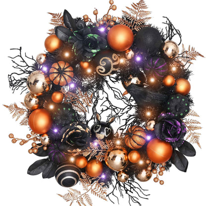 Valery Madelyn 24 Inch Halloween Wreath with Lights for Front Door, Collapsible Pre-Lit Wreath with Fake Crow Pumpkin Halloween Decorations for Home Wall Decor
