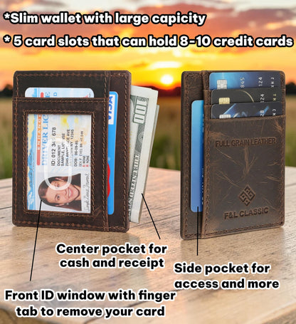 F&L CLASSIC Slim Minimalist Front Pocket leather card holder wallet, for men and women, RFID Blocking, dark brown,10-04