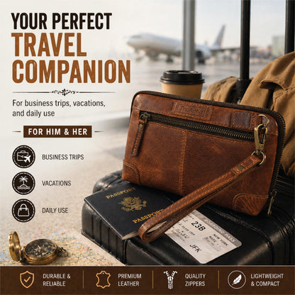 TheAntiq Genuine Leather Makeup Bag Travel Organizer, Premium Handcrafted Cosmetic Pouch with Zipper & Wrist Strap, Durable Toiletry Storage for Women & Men, 5 x 9- Tan