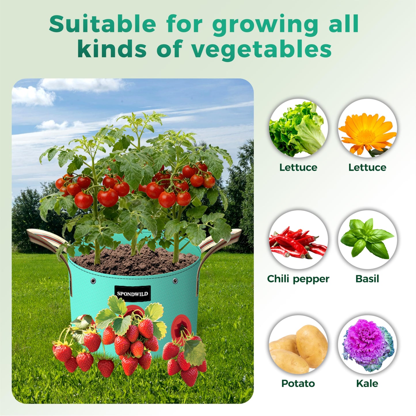 SPONDWILD 7 Pack 5 Gallon Grow Bags Heavy Duty 180G Thickened PE Plant Pots with 8 Breathable Holes