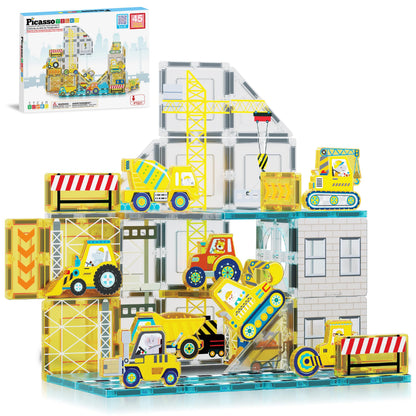 PicassoTiles Magnet Tiles Magnetic Building Blocks with 8 Construction Vehicles Crank Truck Excavator Bulldozer Road Roller Concrete Mixer Tractor Dump Truck Forklift Toys Learning Kids Ages 3+ PTQ11