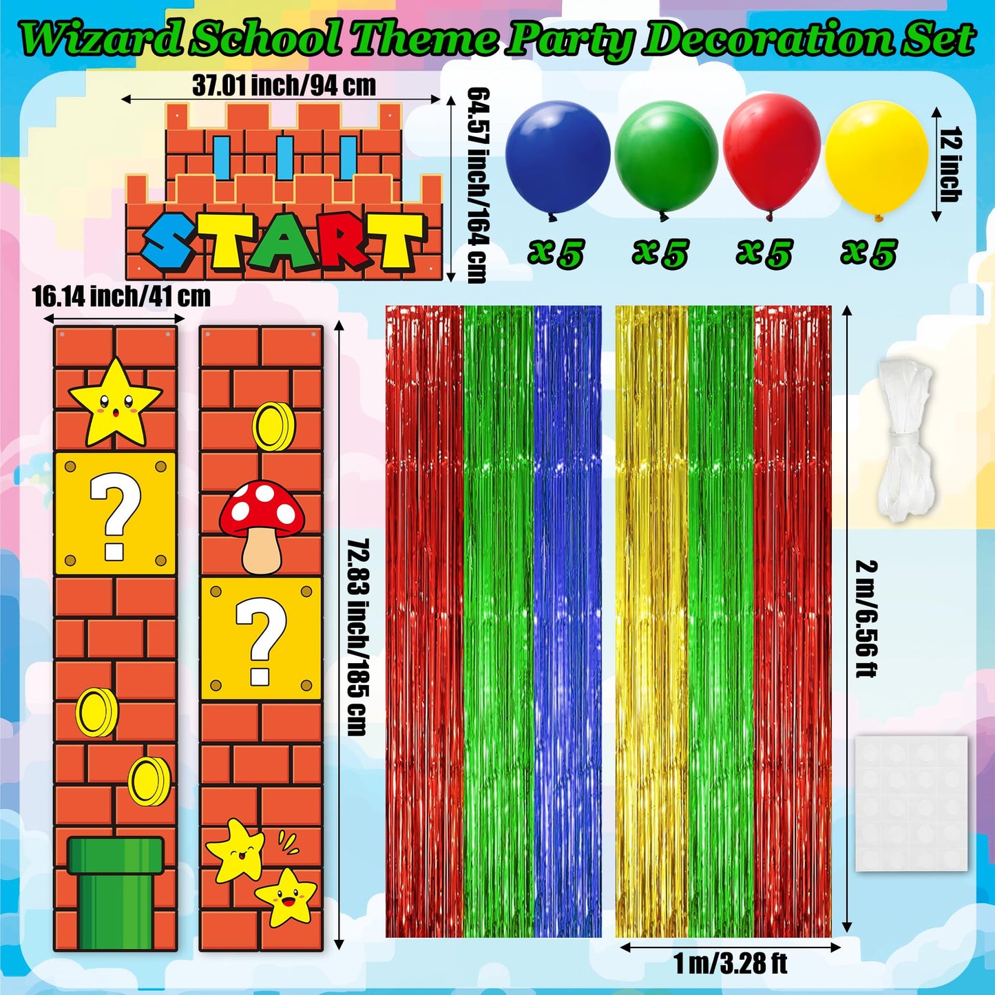 JewGewenil Super Adventure Theme Party Banners - 25Pcs Red Green Blue Yellow Foil Fringe Backdrop Curtains and Balloon Decoration Set, Magic Inspired Design for Classroom Birthday Photo Booth (Start)
