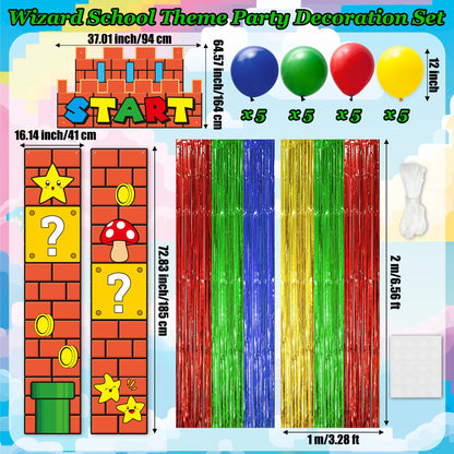 JewGewenil Super Adventure Theme Party Banners - 25Pcs Red Green Blue Yellow Foil Fringe Backdrop Curtains and Balloon Decoration Set, Magic Inspired Design for Classroom Birthday Photo Booth (Start)
