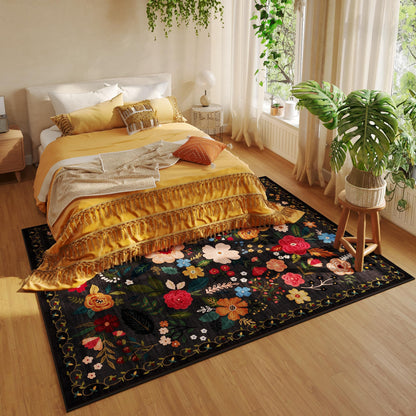 Rugcomf Living Room Rug 5x7 Rug Machine Washable Boho Area Rug Non Slip Floral Vintage Low Pile Large Rugs for Living Room, Bedroom, Farmhouse, Dining Room, Kids Playroom(Black)