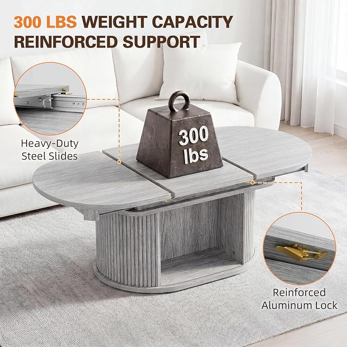 YESHOMY 45.2" Extendable Coffee Table with Storage, Fluted Oval Coffee Table with Sliding Door, Mid Century Modern Center Table for Living Room, Gray