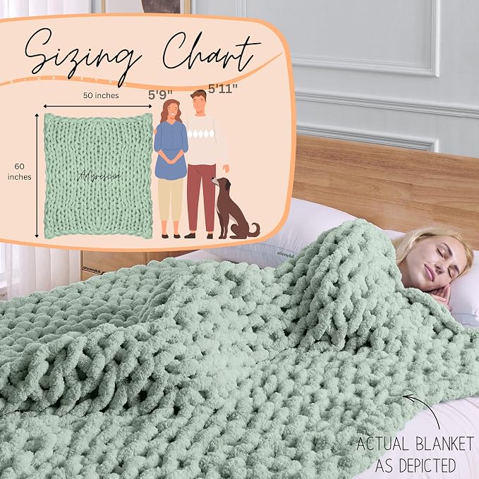 Adyrescia Chunky Knit Blanket Throw | 100% Hand Knit with Jumbo Chenille Yarn (50"x60", Sage Green)