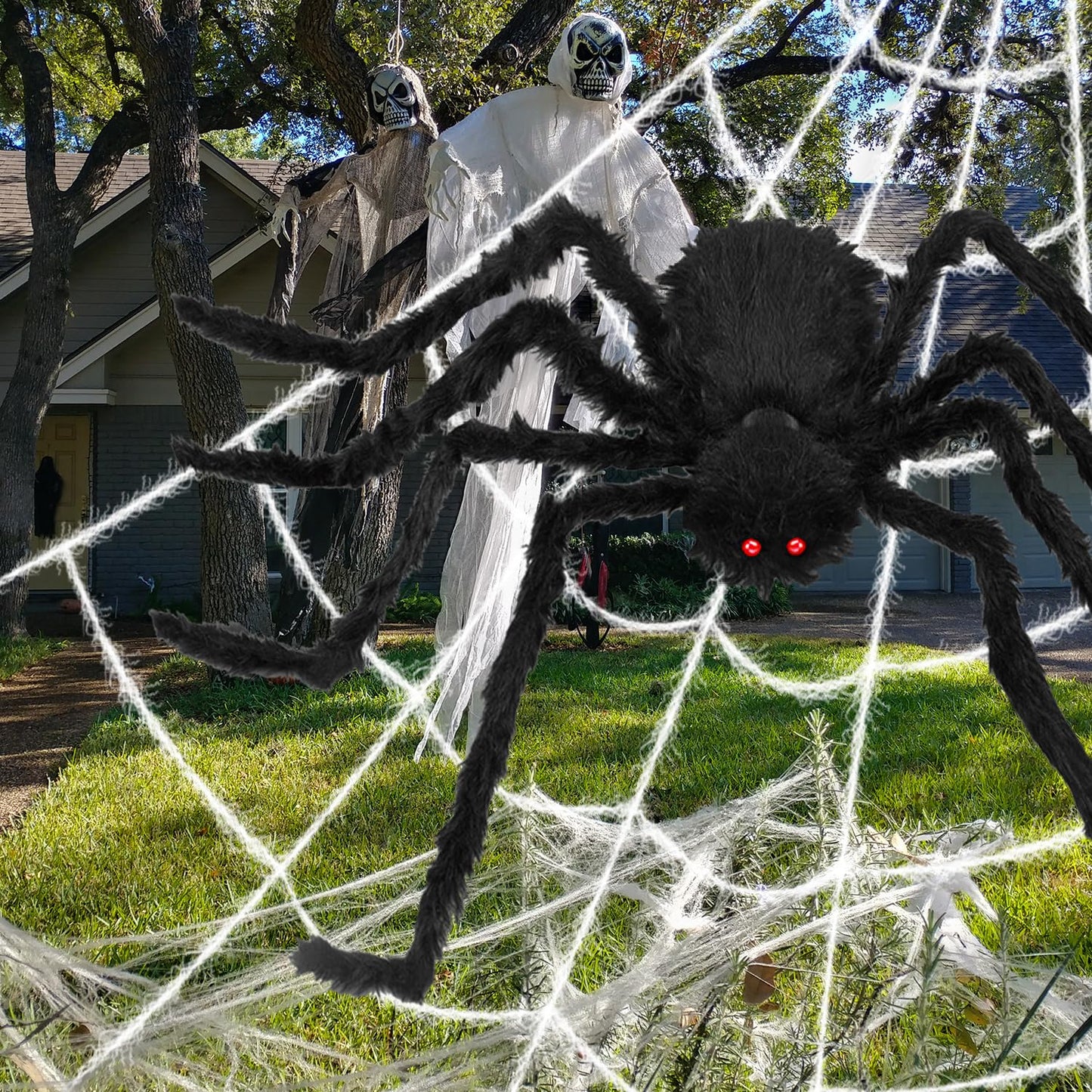 Halloween Decorations Outdoor, 200" Spider Web 60" Giant Spider with Extra Stretch Cobwebs and 10 Small Plastic Spiders, Halloween Outdoor Scary Decorations Yard Home Outside Parties House Décor