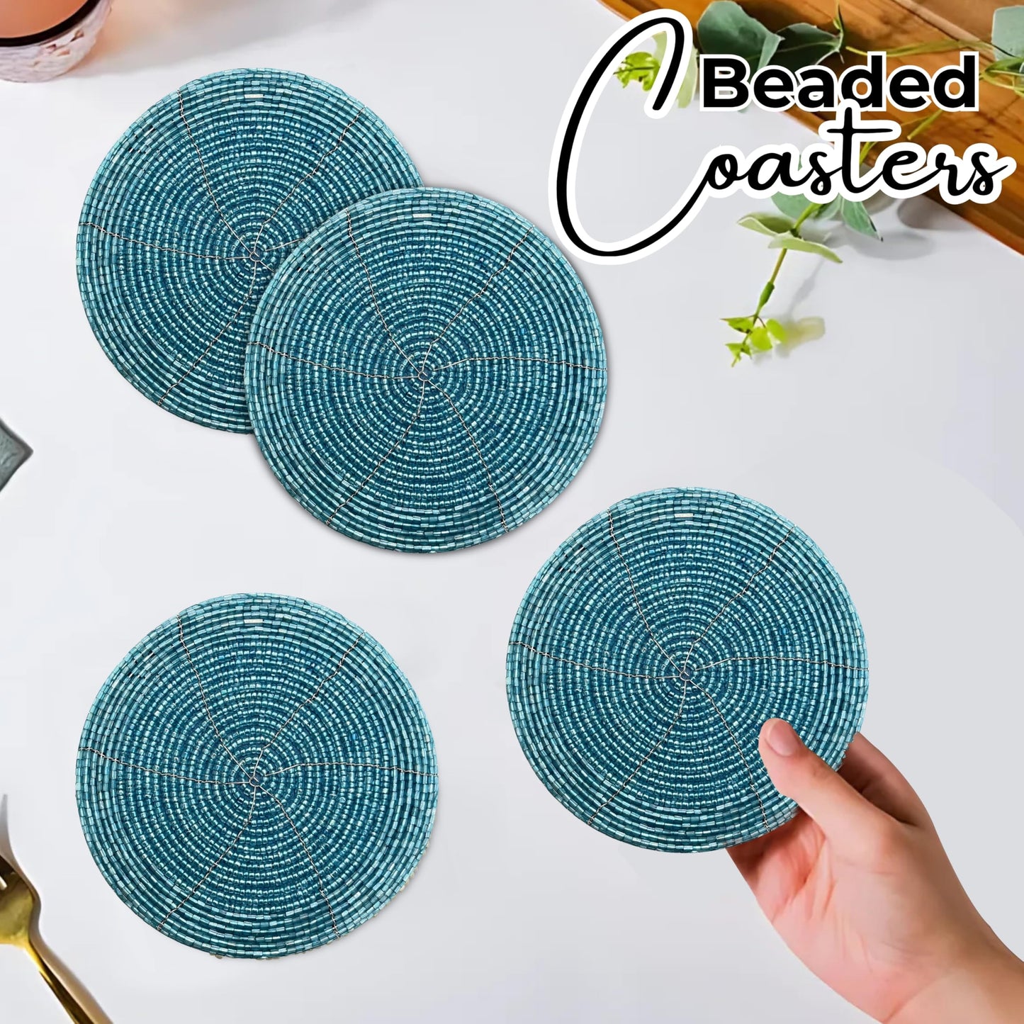 Handmade Beaded Bar Drink Tabletop Protection Coasters - Set of 4 - Halloween Harvest Autumn Fall Thanksgiving Holiday Christmas Xmas Celebration Festive Party 4" Round - Teal