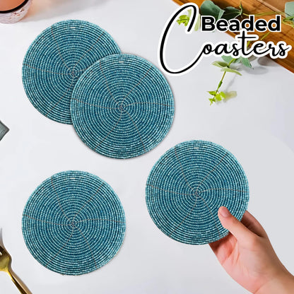 Handmade Beaded Bar Drink Tabletop Protection Coasters - Set of 4 - Halloween Harvest Autumn Fall Thanksgiving Holiday Christmas Xmas Celebration Festive Party 4" Round - Teal
