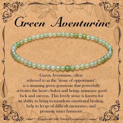 BONNY BOXX Natural Genuine Gemstone Faceted Round Beads Bracelets, 3mm Adjustable Stretchy Tiny Faceted Green Aventurine Bracelet, Healing Crystal Reiki Chakra Dainty Jewelry Fashion Gifts