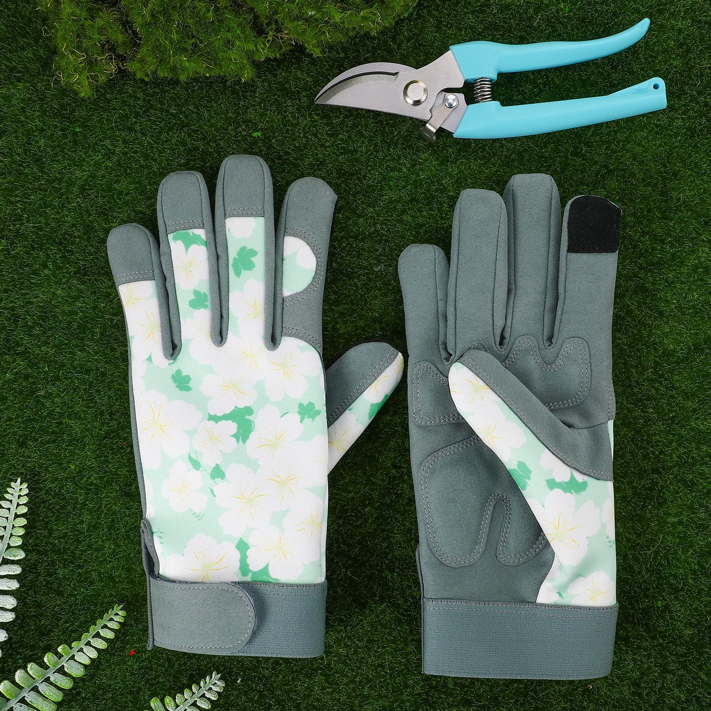 Garden Pruning Shears Set with Gardening Work Gloves & Stainless Steel Trimming Scissors for Flowers, Herbs & Small Branches, Puncture Resistant Anti-Slip Flexible