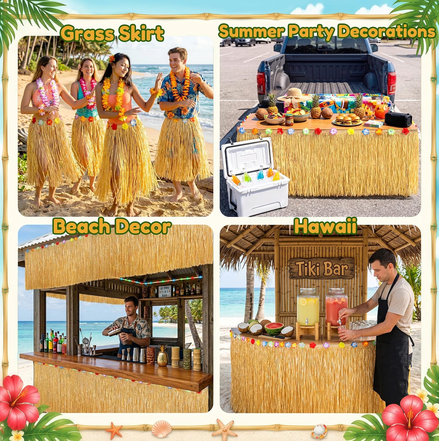 4 Pack Table Skirt Luau Party Decorations, Flower 53.2" X 29.5" Grass Table Skirts for Luau Party Summer Tropical Hawaiian Party Decorations (B-4 Pack)