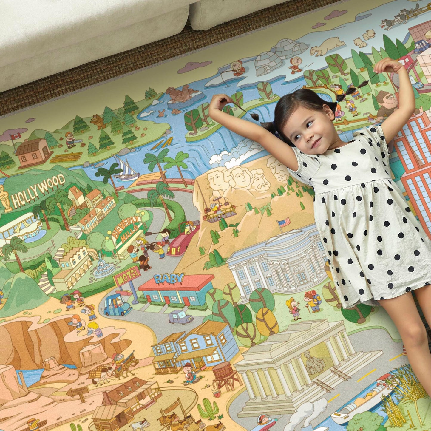 Large Kids Area Rug 6x9 – Interactive North America Map Carpet with States, Animals & Famous Landmarks – Soft Non-Slip Learning Play Mat for Kindergarten, School, or Bedroom Décor