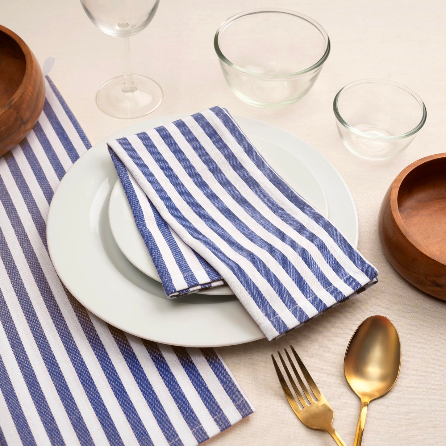 Blue Needles Set of 12 Striped Cloth Napkins 100% Cotton Dinner Table Napkins 18x18 inches, Soft, Reusable, Absorbent & Washable, Ideal for Spring Summer Easter Events & Everyday Use - Blue and White