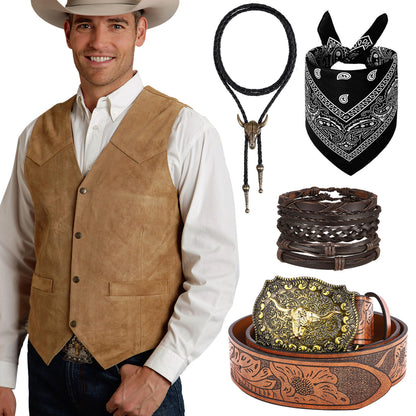 RIOSO Cowboy Outfit for Men Western Suede Leather Vest Belt Necktie Set Men's Cowboy Costume Accessories (Without Hat) Brown
