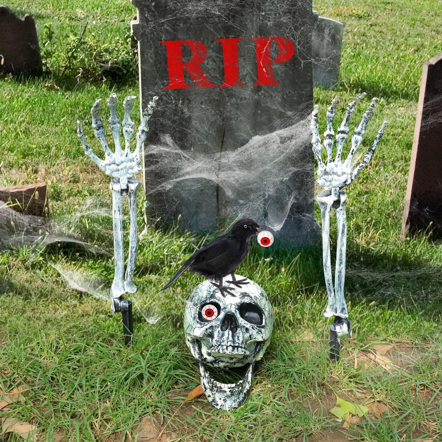 Skeletons Halloween Decorations Outdoor, Realistic Skeleton Hands and Head with Crow and Red Eyes for Graveyard Yard Lawn Garden Decoration