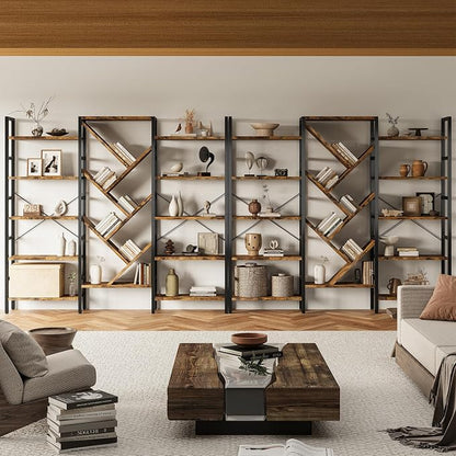 INNOD 70x70 Triple 5 Tier Book Shelf, Large Wooden Bookcase with 17 Open Display Shelf, Modern Tree Bookshelf Metal Frame Tall Book Case Furniture for Living Room Bedroom Home Office Rustic Brown