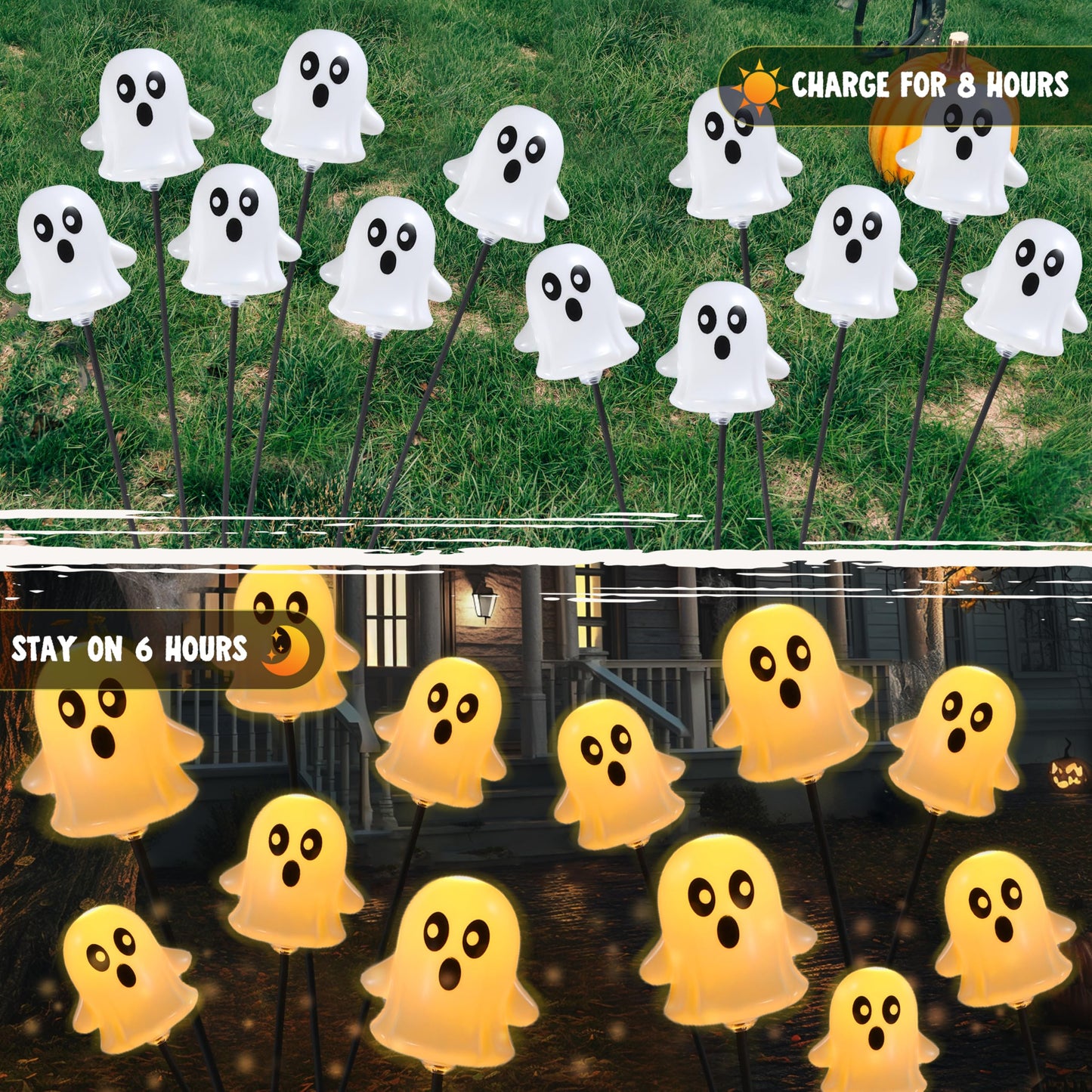 JOYIN Halloween Decorations Outdoor Solar Cute Ghost Lights, 2 Pcs 12LEDs Solar Powered Hovering Ghost Yard Stakes, Cute LED Pathway Lights Decor for Halloween Graveyard Garden Yard Patio Lawn