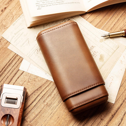 Woodronic Cigar Case, Premium Brown Genuine Leather Cigar Travel Case with Spanish Cedar Wood Lined, Portable Cigar Humidor, Cigar Accessories Gift for Men (Holds 3 Cigars)