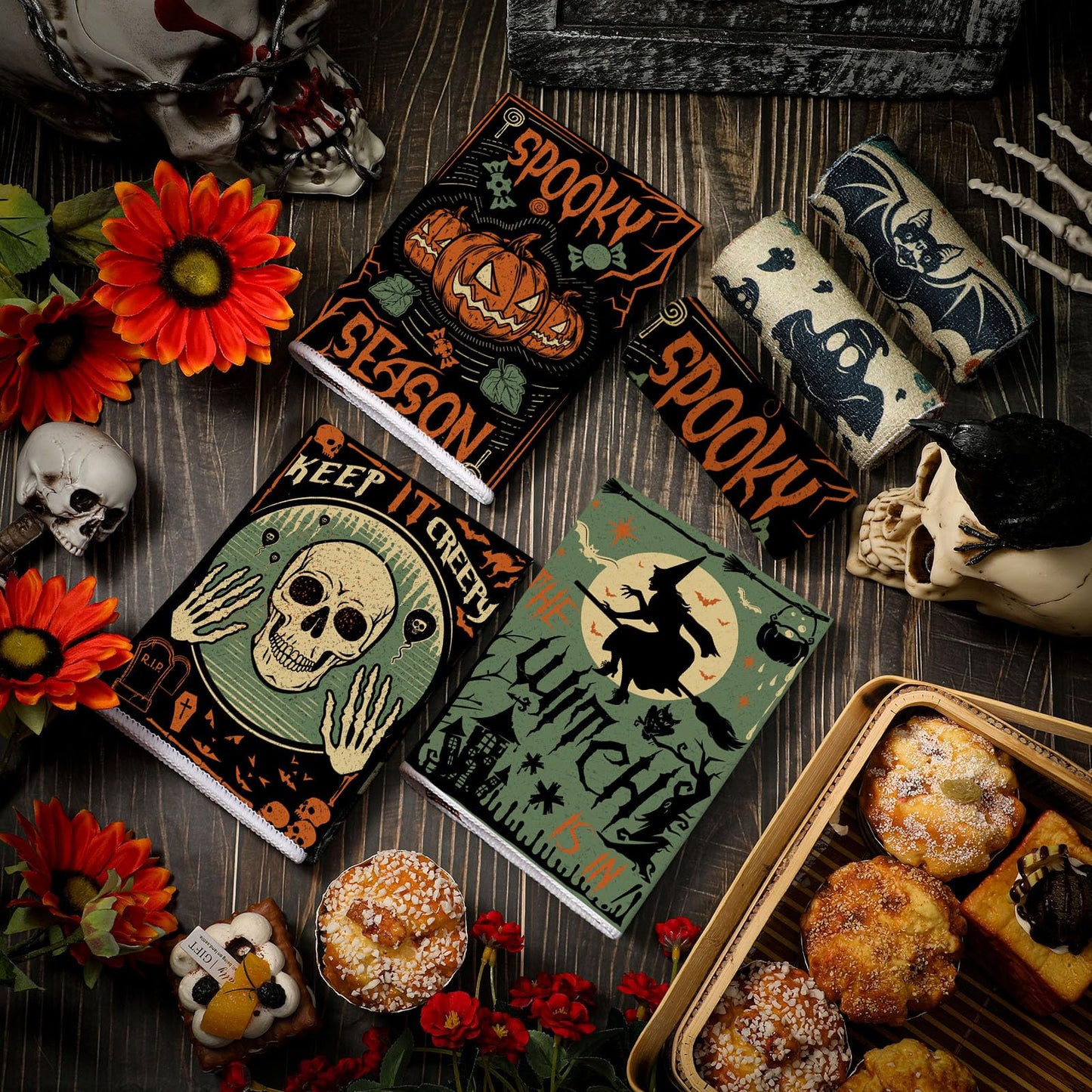 Ganeen 6 Pcs Halloween Kitchen Hand Towels Trick or Treat Towels Spooky Cat Bat Dish Holiday Tea Set Bathroom Decorative 14.2 x 21.3 Inch for Hand Bathroom Guest Holiday, Novel