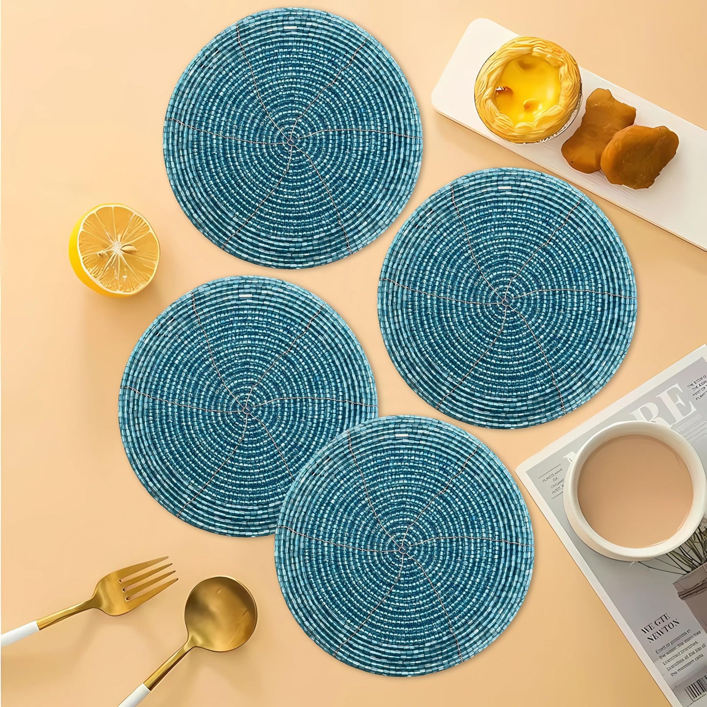 Handmade Beaded Bar Drink Tabletop Protection Coasters - Set of 4 - Halloween Harvest Autumn Fall Thanksgiving Holiday Christmas Xmas Celebration Festive Party 4" Round - Teal