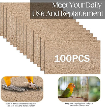 Fabbay 100 Pcs Gravel Paper for Bird Cage Gravel Liner Paper Pet Sandpaper Special for Bird Cage in Sea Sand, Easy Clean Pet Sandpaper Calcium Paper for Birdcage Parrots Cockatiels(11 x 17 Inch)