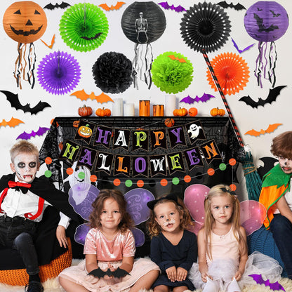 Trgowaul Happy Halloween Decorations Set, 48pcs Halloween Party Supplies, Banner, Paper Fans, Ppaper Lanterns, 3D Bat Sticker, Spider Cobweb Table Cover Fireplace Decor KIt