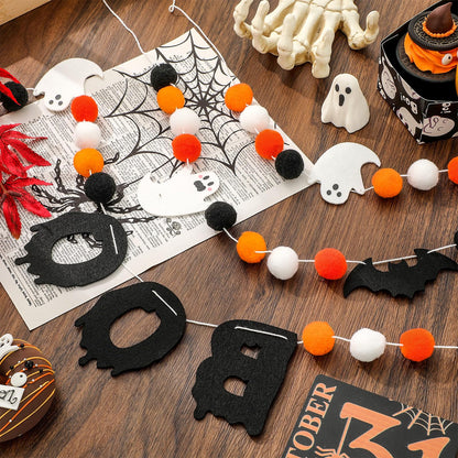 JarThenaAMCS 3Pcs Halloween Felt Garland Ghost Boo Bat Hanging Banner Orange Black White Pom Ball Banner for Haunted House Home Wall Mantle Decor