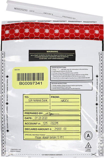 Nadex White Night Drop Tamper Evident Cash and Coin Bank Deposit Bags - 9 x 12, Opaque, 100 Pack