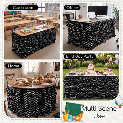 Panelee 6ft Black and White Polka Dot Table Skirt, Tutu Ruffled Teacher Desk Skirt, Back to School Table Cover for Kindergarten Preschool Middle School Classroom Office Bookcase Cabinet Decor