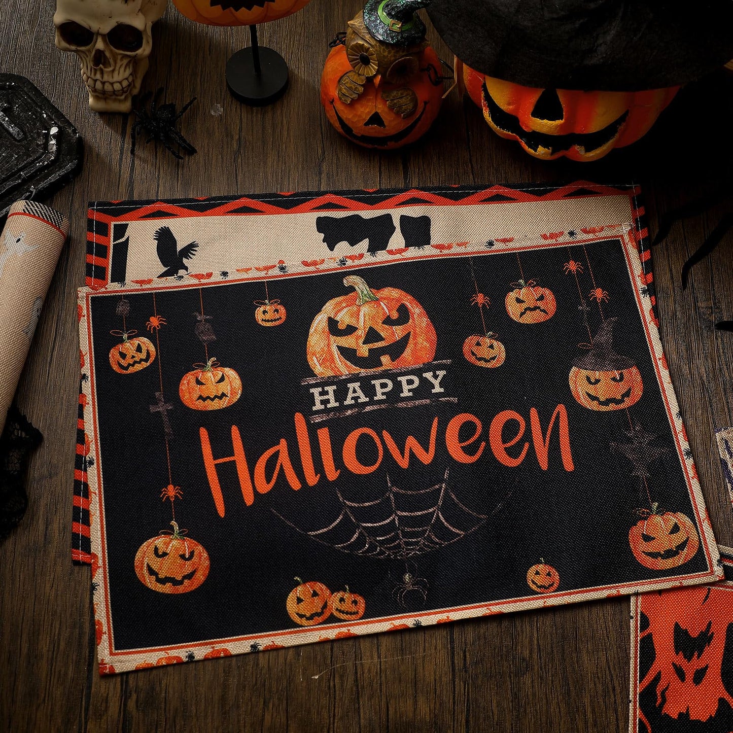 Umigy 6 Pcs Halloween Placemats 12"x18" Gothic Bat Placemats Kitchen Decoration Washable Witch Place Mats Rectangle Skull Table Mats for Halloween Dining Table Accessories(Classic)