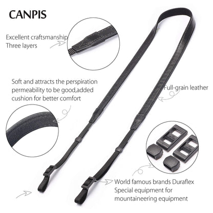 CANPIS CP008 Leather Camera Shoulder Neck Strap compatible with Canon Nikon Leica Fuji Sony Olympus etc. Black Color, Adjustable Length, Slim with Flocking Comfortable Pad