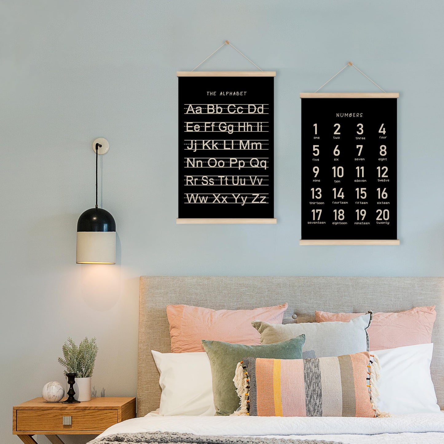 HRQKO Black Alphabet Numbers Poster Hanger Frame Set of 2, Nursery Wall Decor, ABC Poster Wall Art with Wooden Frames, Alphabet Banner Wall Hanging Decor for Playroom Boy Toddler Room, 16x24 inch