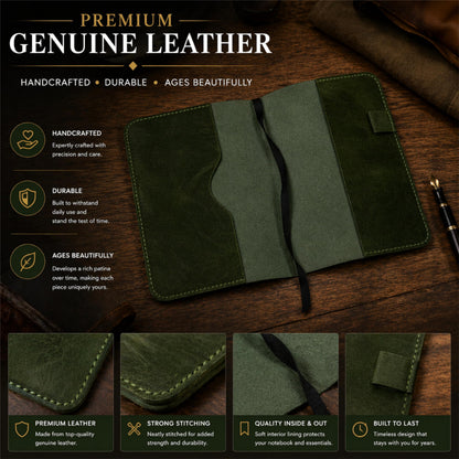 TheAntiq Premium Leather Journal Cover A5 – Handmade Refillable Notebook Cover Sleeve with Pen Holder for Writing, Travel & Business Use 5.75 x 8.25 (Green)