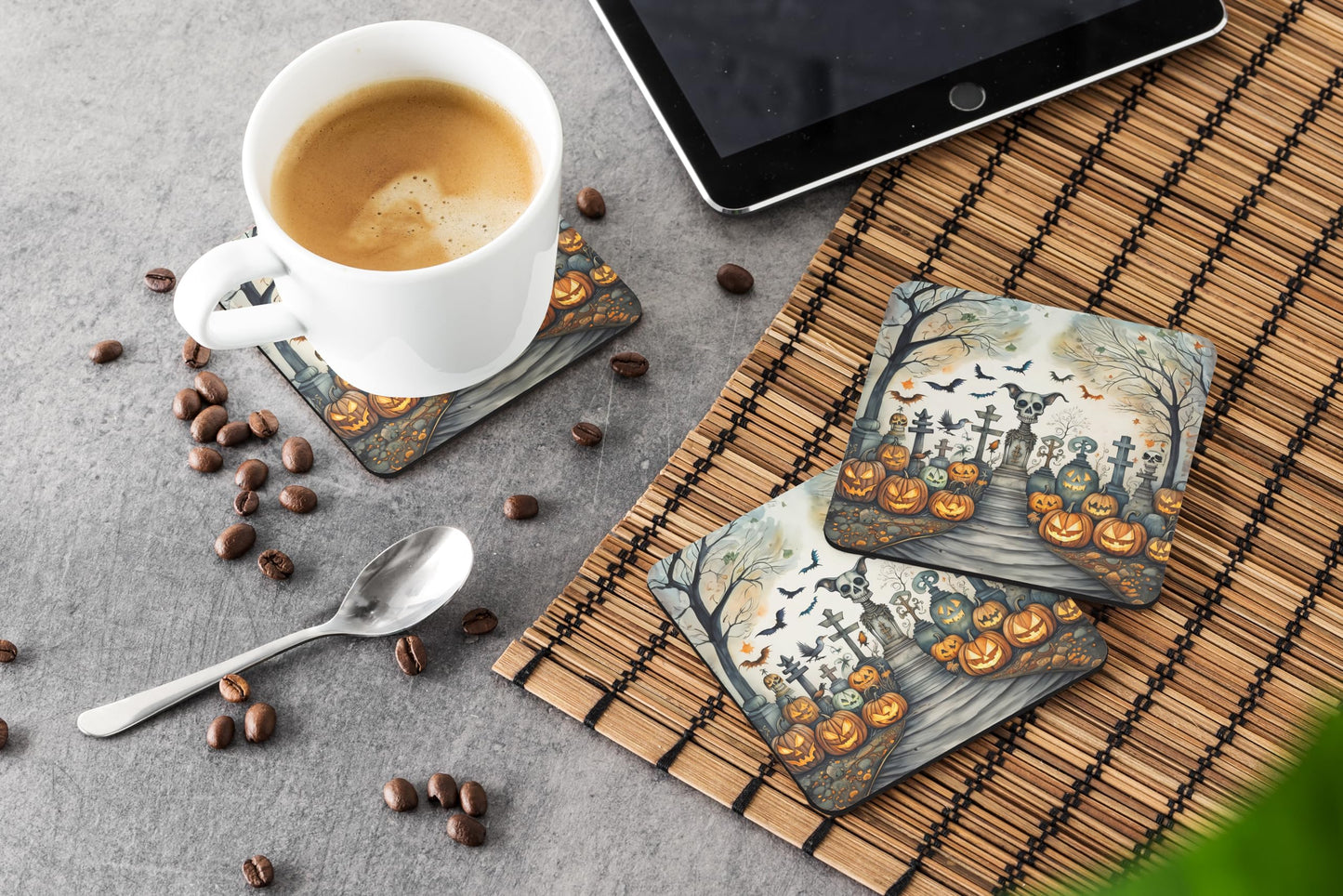 Caroline's Treasures Pet Cemetery Spooky Halloween Foam Coaster Set of 4 Cup Coasters for Indoor and Outdoor, Coaster for Tabletop Protection, Anti Slip, Mouse pad Material