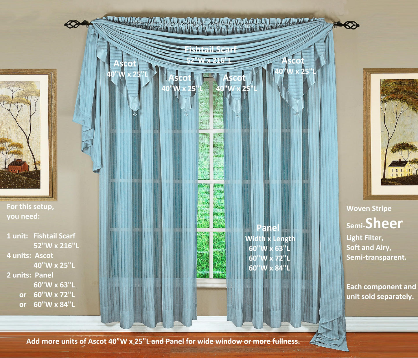 Today's Curtain, Silhouette Stripe Sheer Scarf 144", Blue, 52" W x 144" L