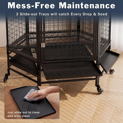 69" Extra Large Bird Cage for Parrots, Heavy Duty Metal Aviary on Wheels with Rolling Stand & Slide-Out Trays for African Greys, Cockatoos, Conures, Macaws, Indoor Outdoor, Black