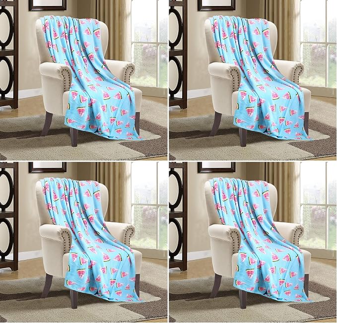 Elegant Comfort Luxury Velvet Super Soft Christmas Prints Fleece Blanket-Holiday Theme Home Décor Fuzzy Warm and Cozy Throws for Winter Bedding, Couch and Gift, 50 x 60 inch, Watermelon (Pack of 4)