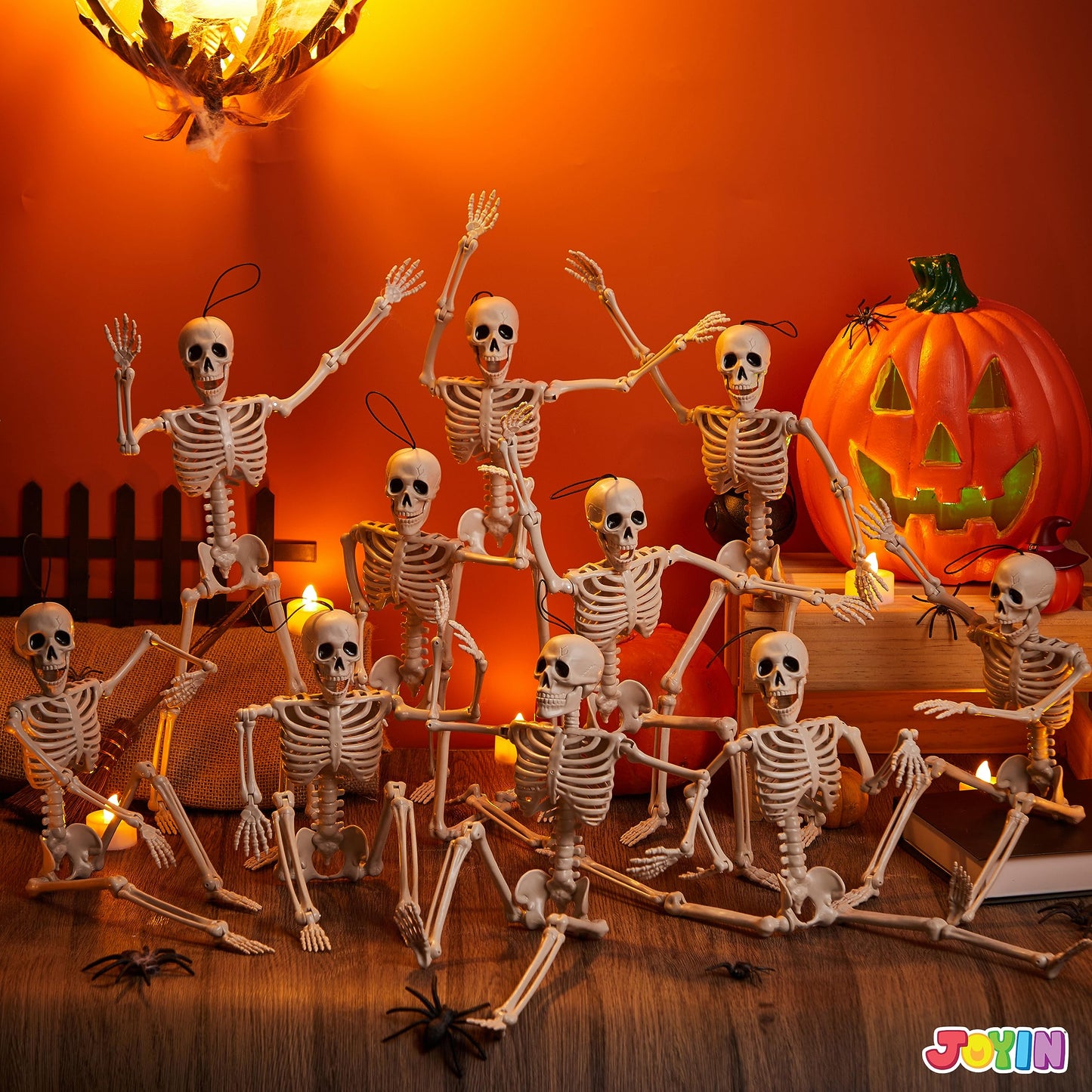 JOYIN 10 PCS 16" Halloween Skeleton Decor, Full Body Stayable Movable Joints, Posable Hanging Skeletons for Halloween Decoration, Yard, Graveyard, Haunted House Props, Spooky Scene Party Favor