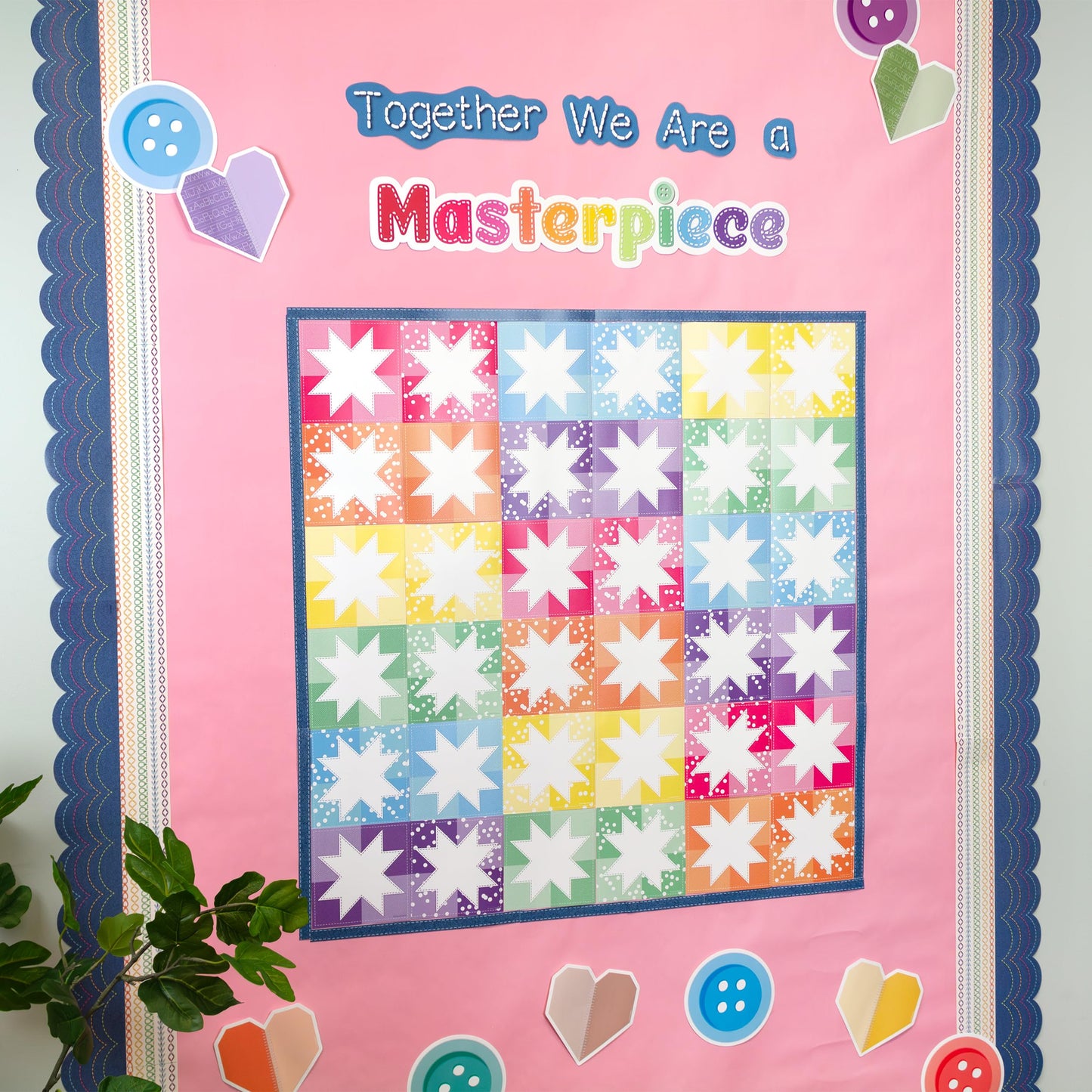 Carson Dellosa Crafty and Cool 54-Piece Together We are a Masterpiece Motivational Bulletin Board Set, Colorful Quilt Squares and Denim Strips Classroom Decor
