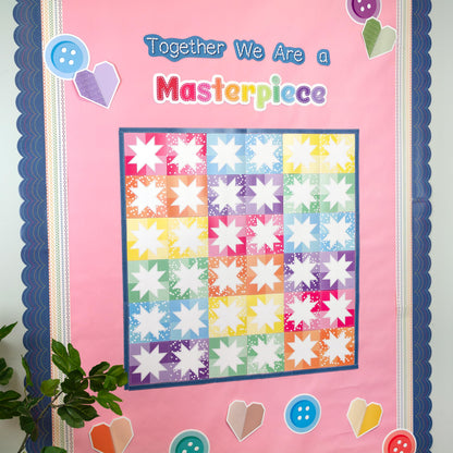 Carson Dellosa Crafty and Cool 54-Piece Together We are a Masterpiece Motivational Bulletin Board Set, Colorful Quilt Squares and Denim Strips Classroom Decor