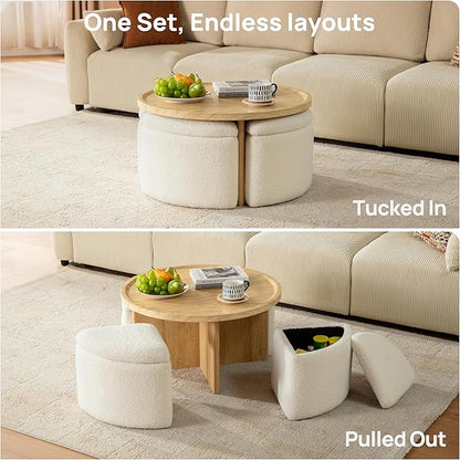Round Coffee Table with Stools Underneath, Wood Ottoman Coffee Tables with 4 Boucle Storage Ottomans & Seats, Mid-Century Modern Coffee Table with Chairs for Living Room, Small Space, Natural&White