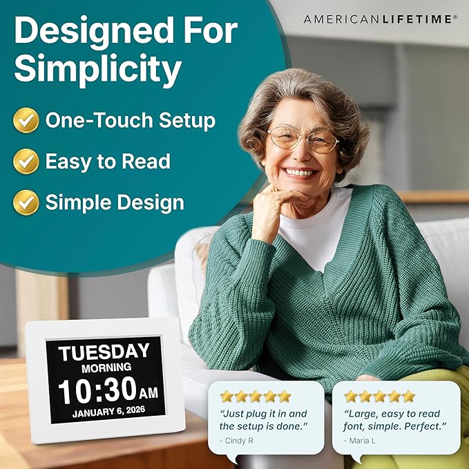 American Lifetime 【New 2025】 Dementia Clock Large Clock for Seniors, Digital Clock with Custom Alarms, Clock with Day & Date for Elderly, Large Number Digital Clock White Extra Large