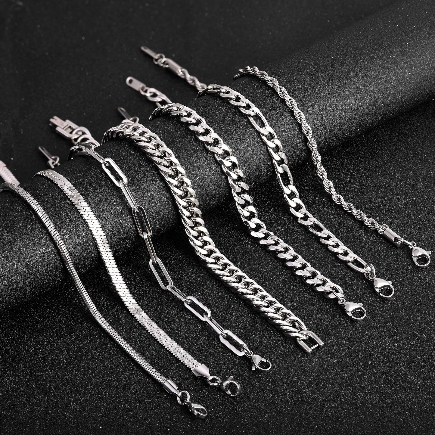 Ritach 7 Pcs Stainless Steel Bracelets for Men Women Cuban Link Bracelet Rope Paperclip Chain Bracelets Set 7.5/8.0 Inches Mens Metal Bracelets Silver Bracelets