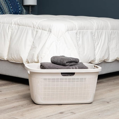Mind Reader 40L Laundry Basket, Linen Design Clothes Hamper, Plastic Storage Bin with Handles, Ivory