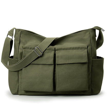 KALIDI Canvas Tote Messenger Bag with Pockets, Large Crossbody Bags for Women or Men, Casual Canvas Shoulder Bag for College Work Travel Daily, Army Green