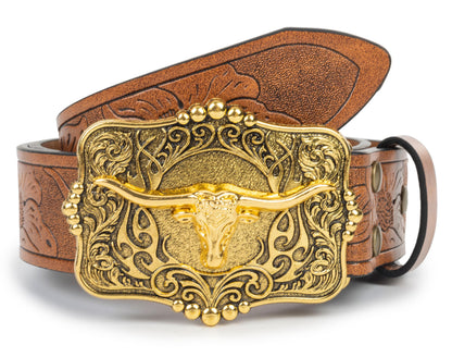 Voenkca Western Cowboy-Cowgirl Leather-Belts for Men - with Longhorn-Bull