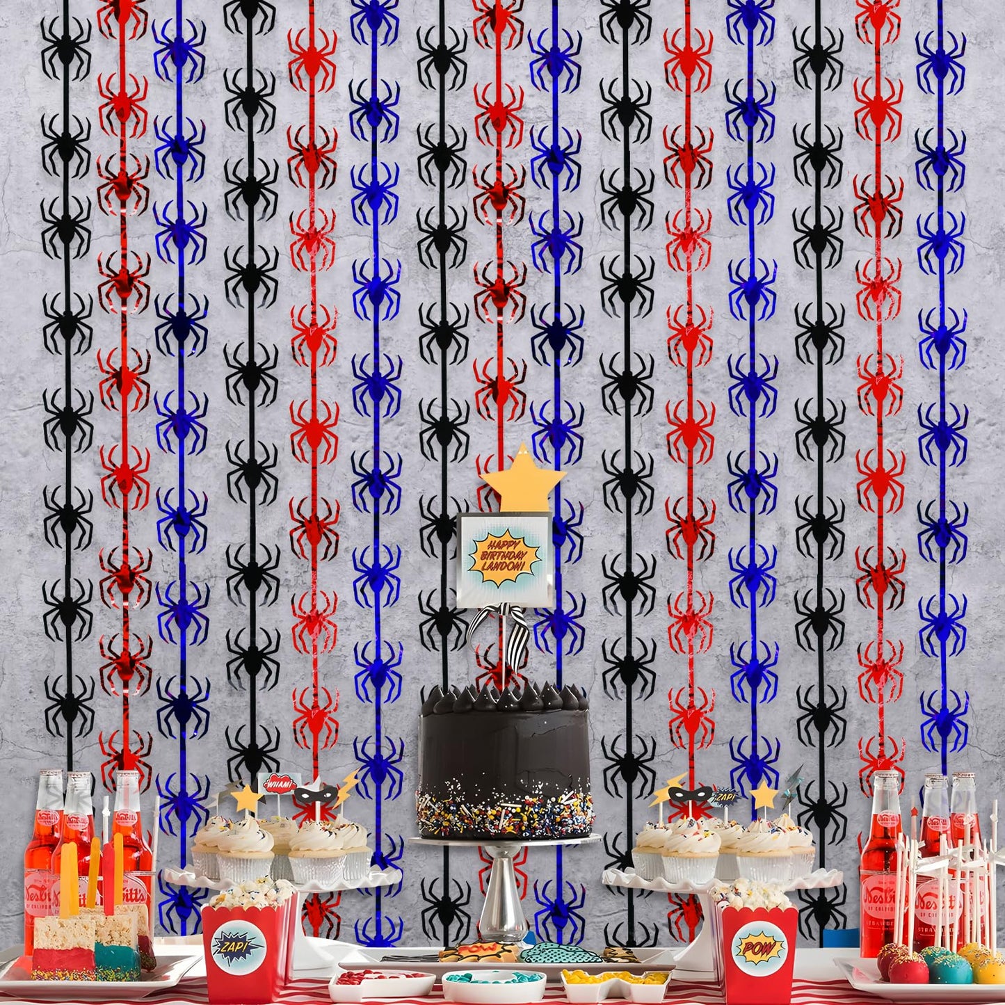 Bupelo Spider Web Birthday Decorations,2 Pack Red Black and Blue Spider Birthday Party Supplies 3.3 x 6.6ft Tinsel Foil Fringe Curtains Photo Booth Props Backdrop Streamers, House Room Decor for Boys